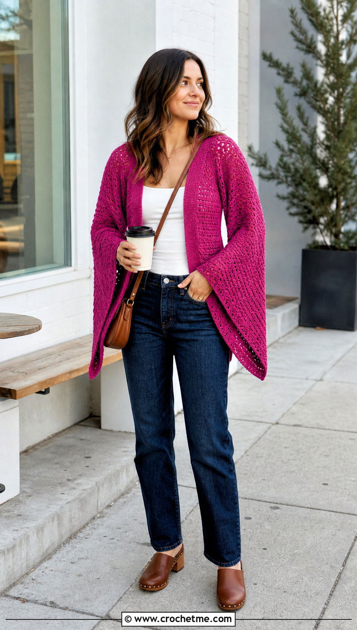 Triangle Sleeve Crochet Sweater With Straight Leg Jeans - 15 triangle crochet sweater outfit ideas