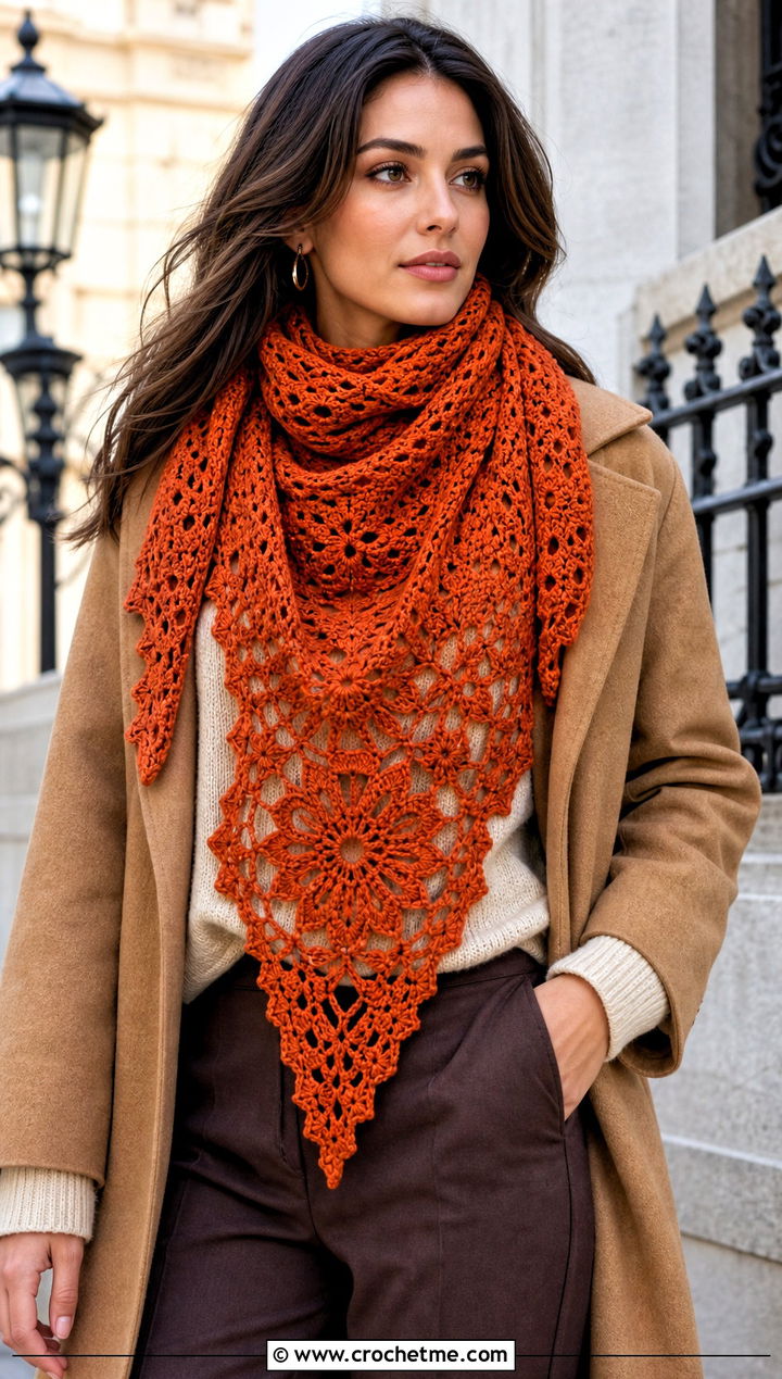 Triangle Snowflake Crochet Scarf With Wool Coat - 25 Snowflake Crochet Scarf outfit ideas