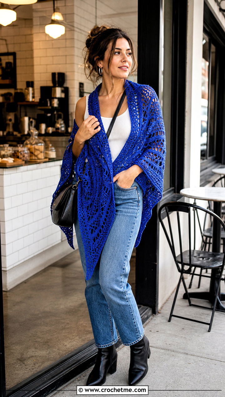 Triangle Spiderweb Crochet Shawl With Jeans - 30 spiderweb crochet shawl outfit ideas