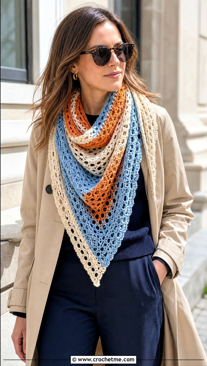 Triangle Stripe Crochet Scarf With Trench Coat - 30 Stripe Crochet Scarf outfit ideas