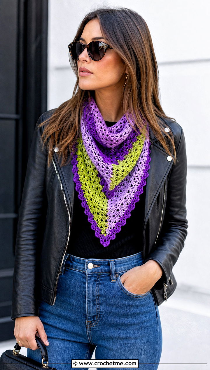 Triangle Striped Crochet Scarf With Leather Jacket - 30 striped crochet scarf outfit ideas