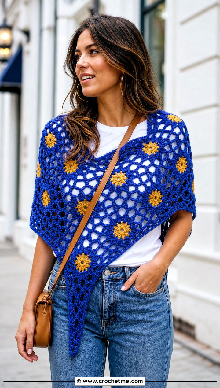 Triangle Sunflower Crochet Shawl With Jeans - 20 Sunflower Crochet Shawl outfit ideas