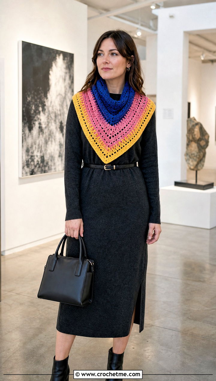 Triangle Temperature Scarf With Midi Dress - 30 crochet temperature scarf outfit ideas