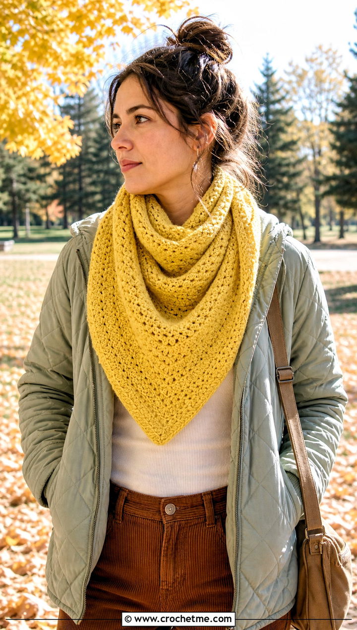 Triangle Thermal Stitch Crochet Scarf With Quilted Jacket - 20 Thermal Stitch Crochet Scarf outfit ideas