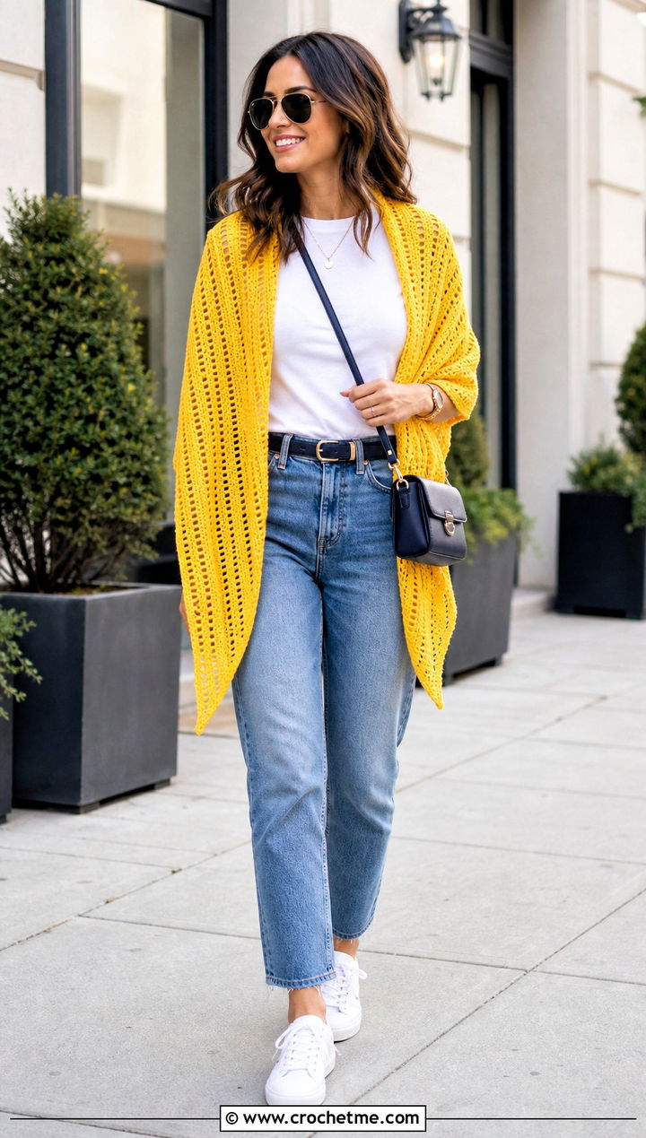 Triangle Tunisian Simple Stitch Shawl With Straight Jeans - 35 tunisian crochet shawl outfit ideas