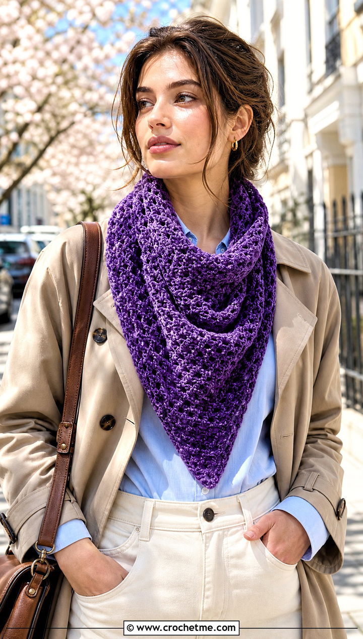Triangle Velvet Crochet Scarf With Trench Coat - 25 Velvet Crochet Scarf outfit ideas