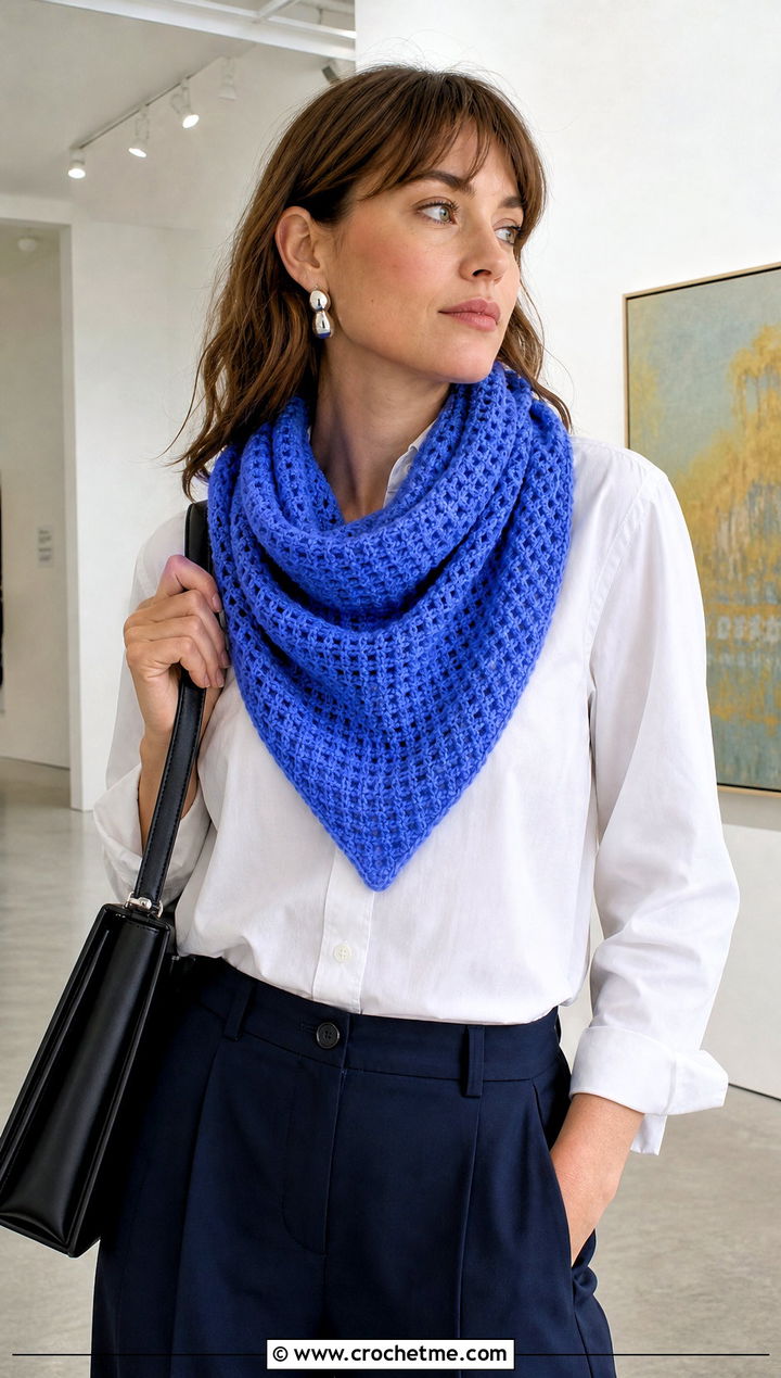 Triangle Waffle Crochet Scarf With White Shirt - 25 Waffle Crochet Scarf outfit ideas