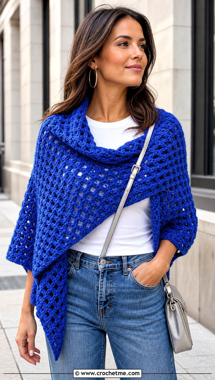 Triangle Waffle Crochet Shawl With Straight Leg Jeans - 15 Waffle Crochet Shawl outfit ideas