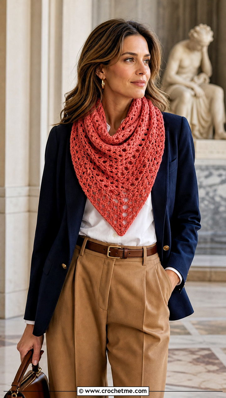 Triangle Waffle Stitch Crochet Scarf With Pleated Trousers - 30 waffle stitch crochet scarf outfit ideas