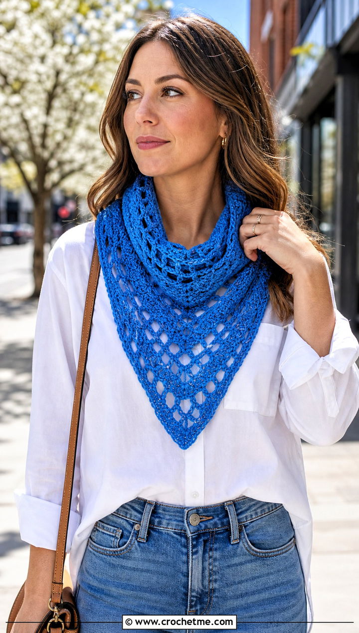 Triangle Wave Crochet Scarf With White Shirt and Straight Jeans - 25 wavy crochet scarf outfit ideas
