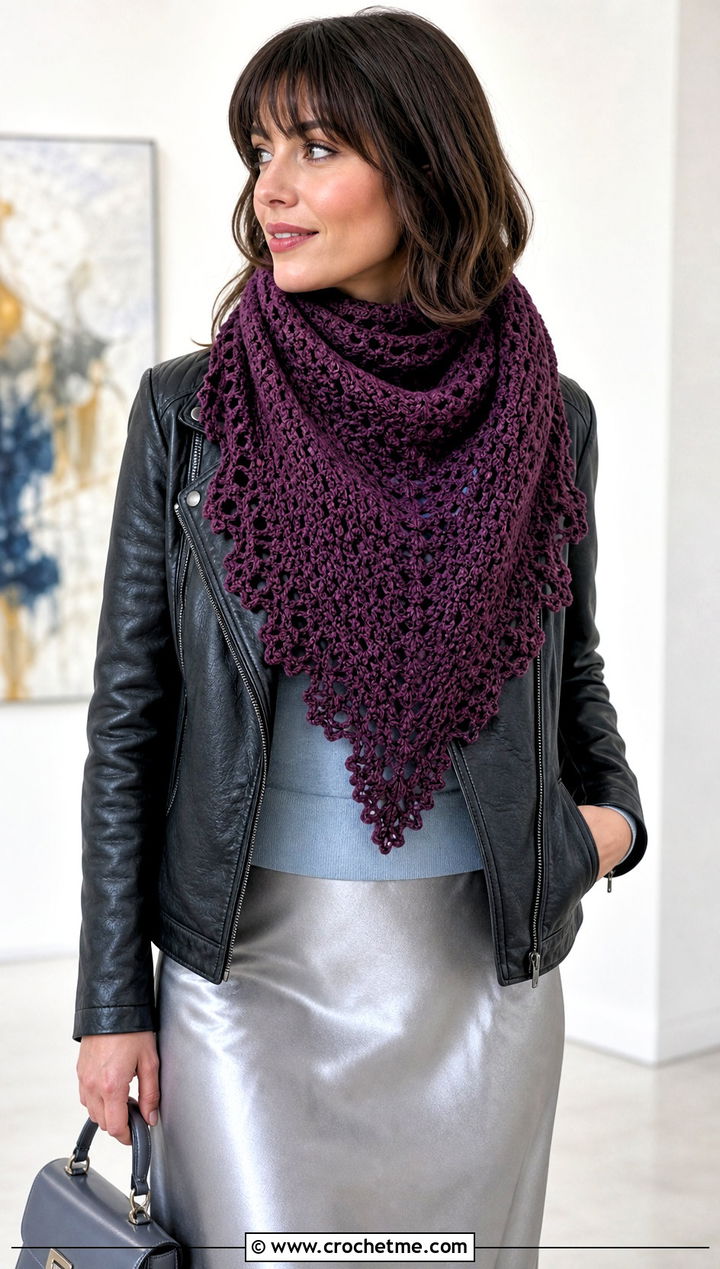 Triangle Worsted Weight Crochet Scarf With Leather Jacket - 20 Crochet Scarf Worsted Weight Yarn outfit ideas