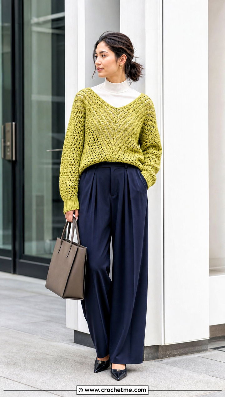 Triangle Yoke Crochet Sweater With Pleated Trousers - 15 triangle crochet sweater outfit ideas