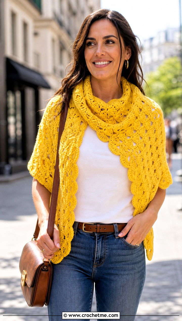 Triangular Lace Fan Stitch Shawl With Jeans - 20 Crochet Fan Stitch Shawl outfit ideas