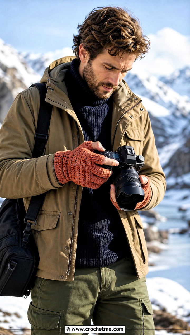 Trigger Finger Crochet Mittens With Photographer Jacket - 25 crochet mittens for men outfit ideas