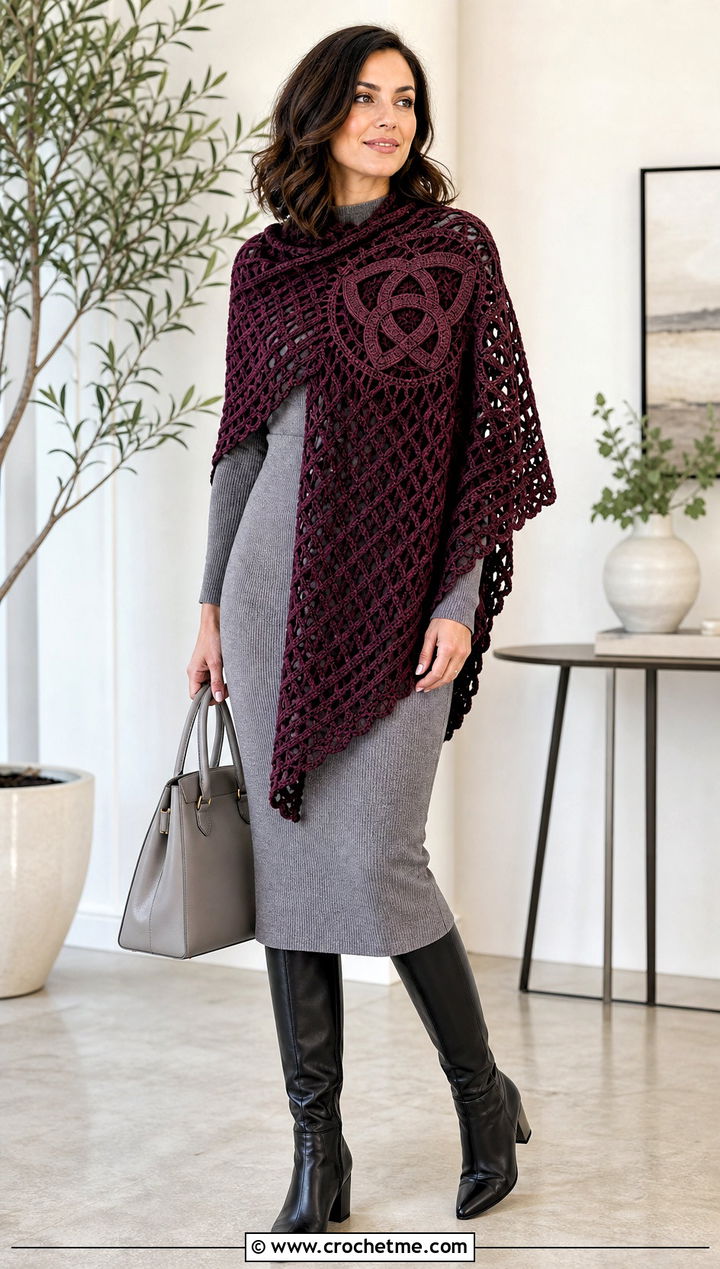 Trinity Knot Celtic Crochet Shawl With Knit Dress And Knee Boots - 25 Celtic Crochet Shawl outfit ideas