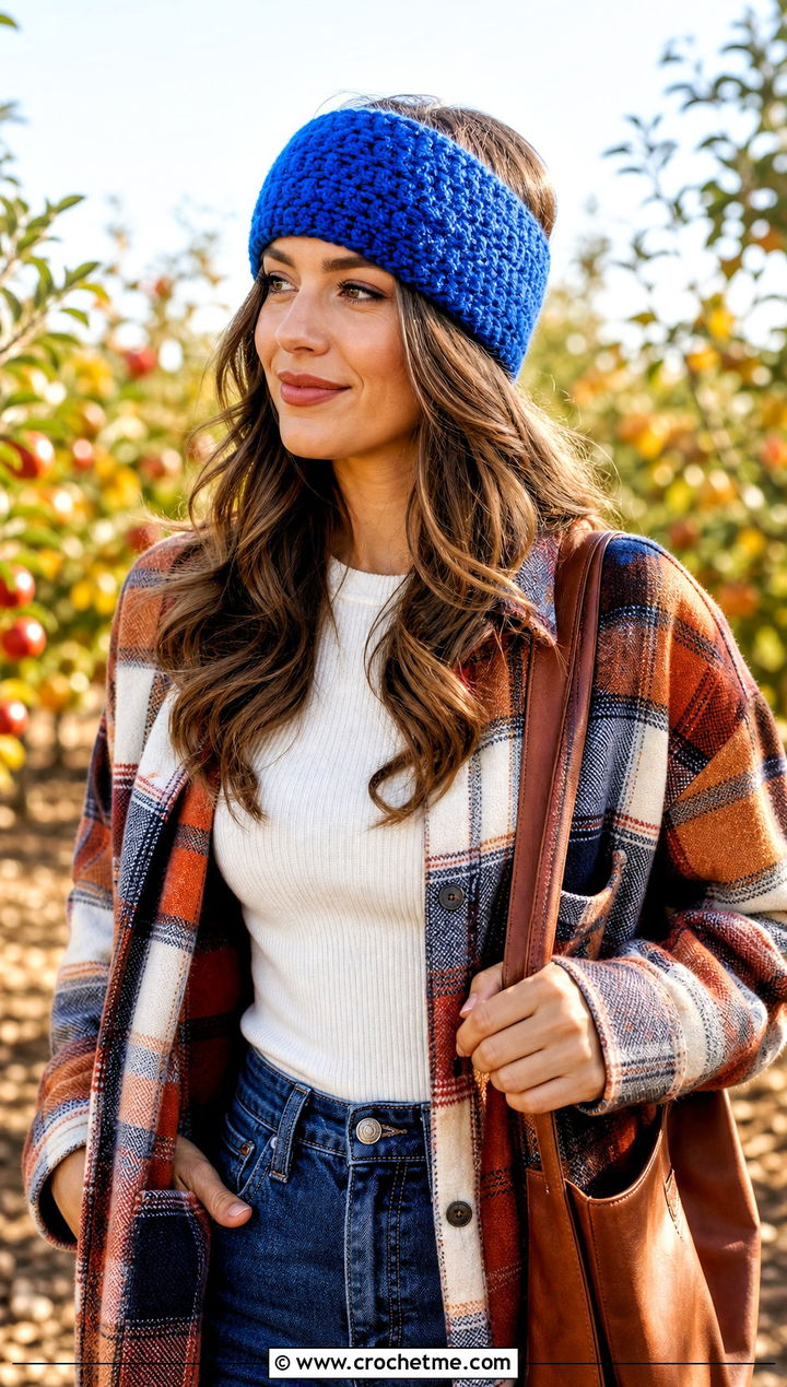 Trinity Stitch Crochet Ear Warmer With Plaid Shacket - 25 Diy Crochet Headband Ear Warmers outfit ideas