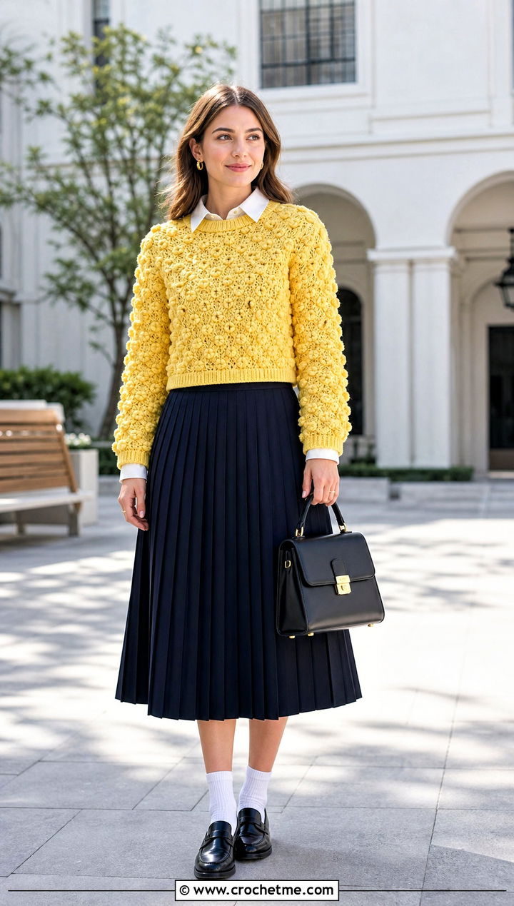 Trinity Stitch Cropped Irish Sweater With Pleated Skirt - 25 Crochet Irish Sweater outfit ideas