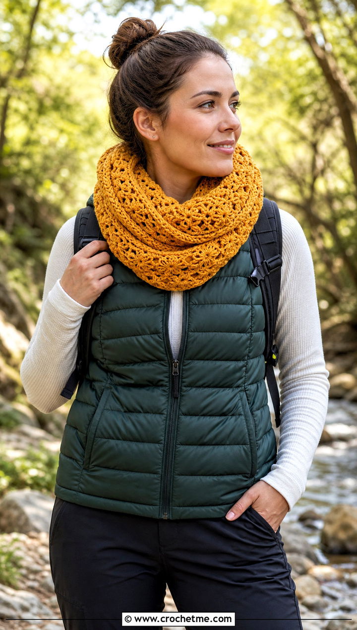 Triple Wrap Bellflower Infinity Crochet Scarf With Puffer Vest - 15 bellflower infinity crochet scarf outfit ideas