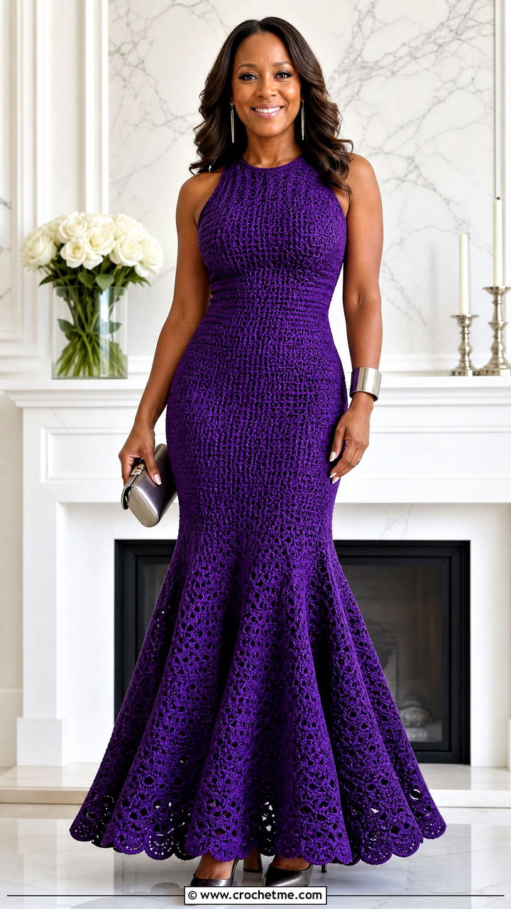 Trumpet Crochet Maxi Birthday Dress With Metallic Pumps - 35 crochet birthday dress outfit ideas