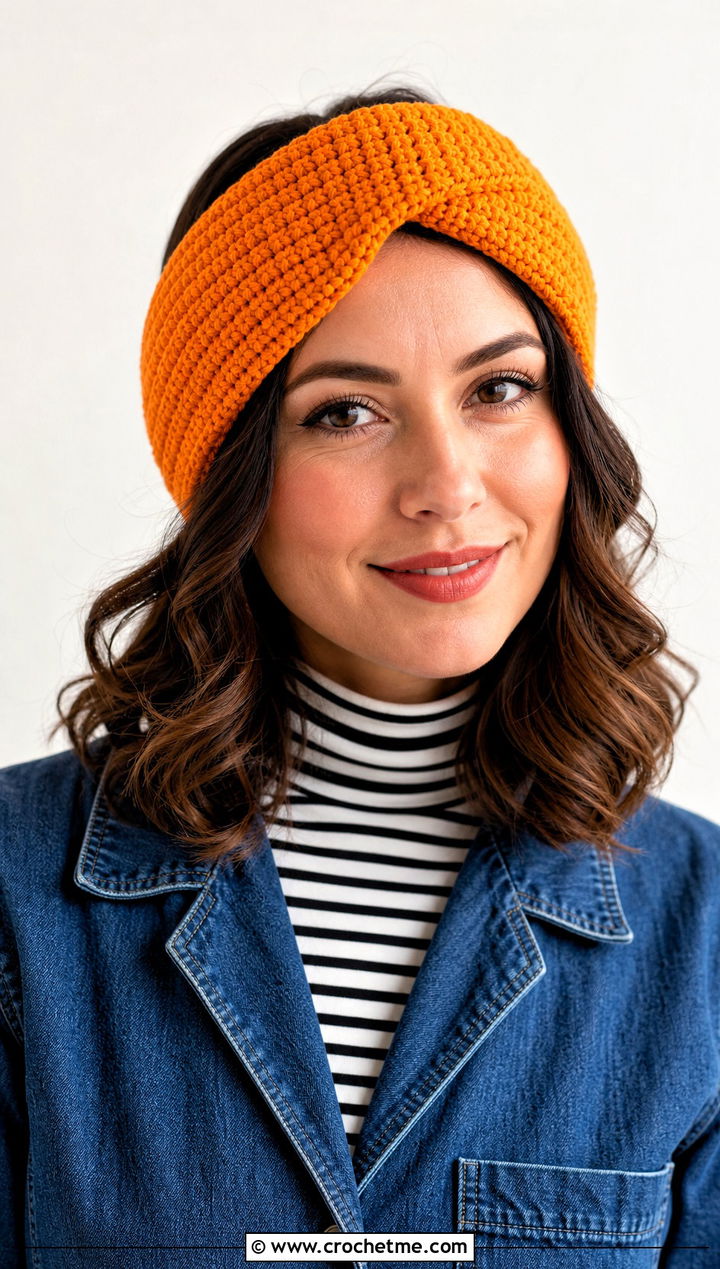 Tube Crochet Headband With Denim Jumpsuit - 30 crochet fall headband outfit ideas