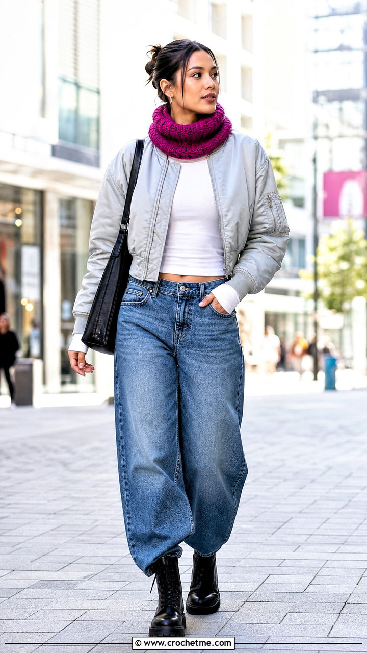 Tube Crochet Scarf With Bomber Jacket - 35 easy crochet scarf outfit ideas