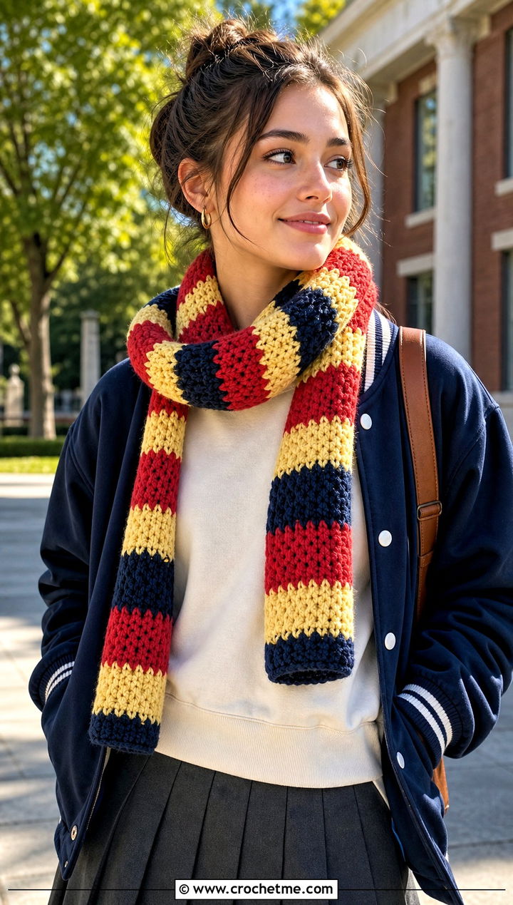 Tube Crochet Striped Scarf With Varsity Jacket - 25 crochet striped scarf outfit ideas