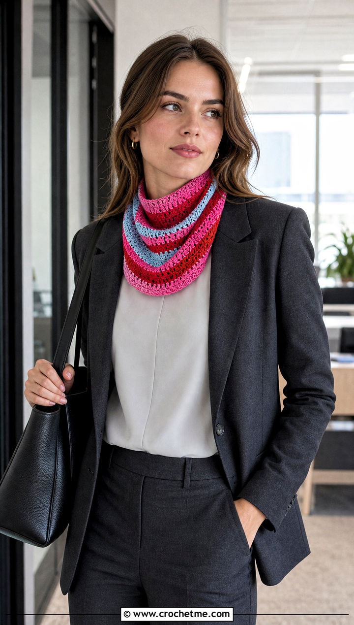Tube Striped Crochet Cowl With Tailored Suit - 15 striped crochet cowl outfit ideas