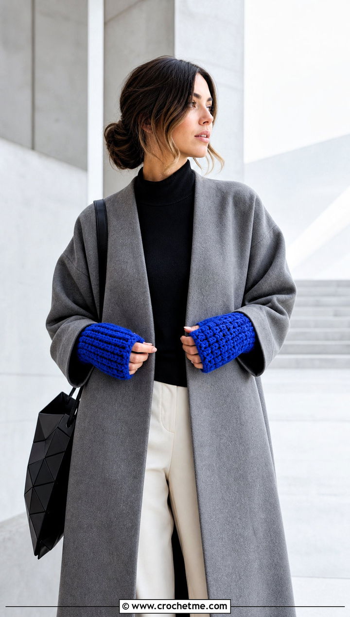 Tube Style Chunky Crochet Fingerless Gloves With Minimalist Outfit - 30 chunky yarn crochet fingerless gloves outfit ideas