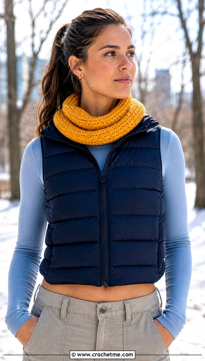 Tubular Narrow Crochet Scarf With Puffer Vest - 25 Narrow Crochet Scarf outfit ideas