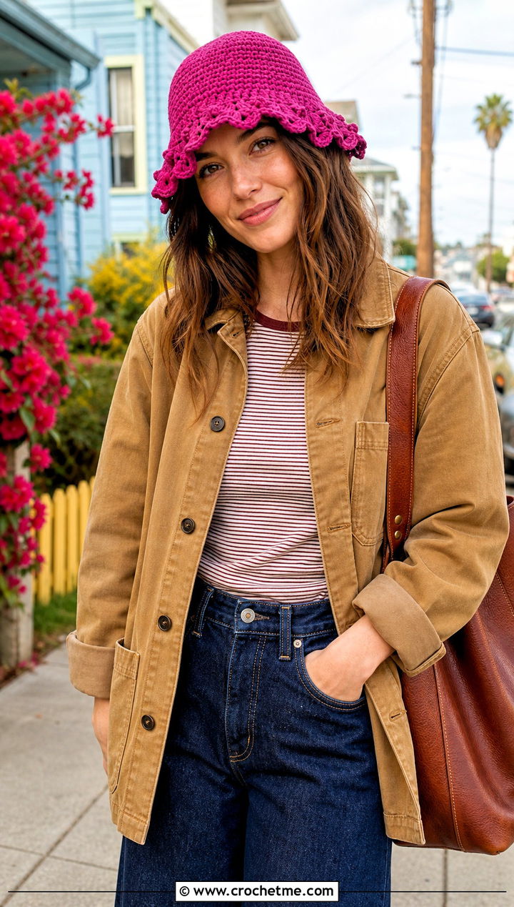 Tulip Brim Fisherman Hat With Chore Jacket And Wide Leg Jeans - 30 crochet tulip hat outfit ideas