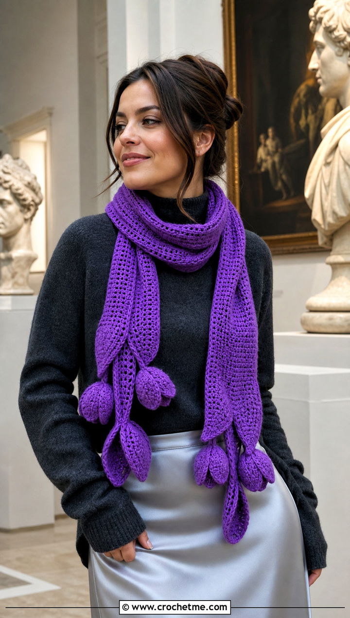 Tulip Crochet Roll Up Scarf With Satin Midi Skirt - 25 Crochet Roll Up Scarf outfit ideas
