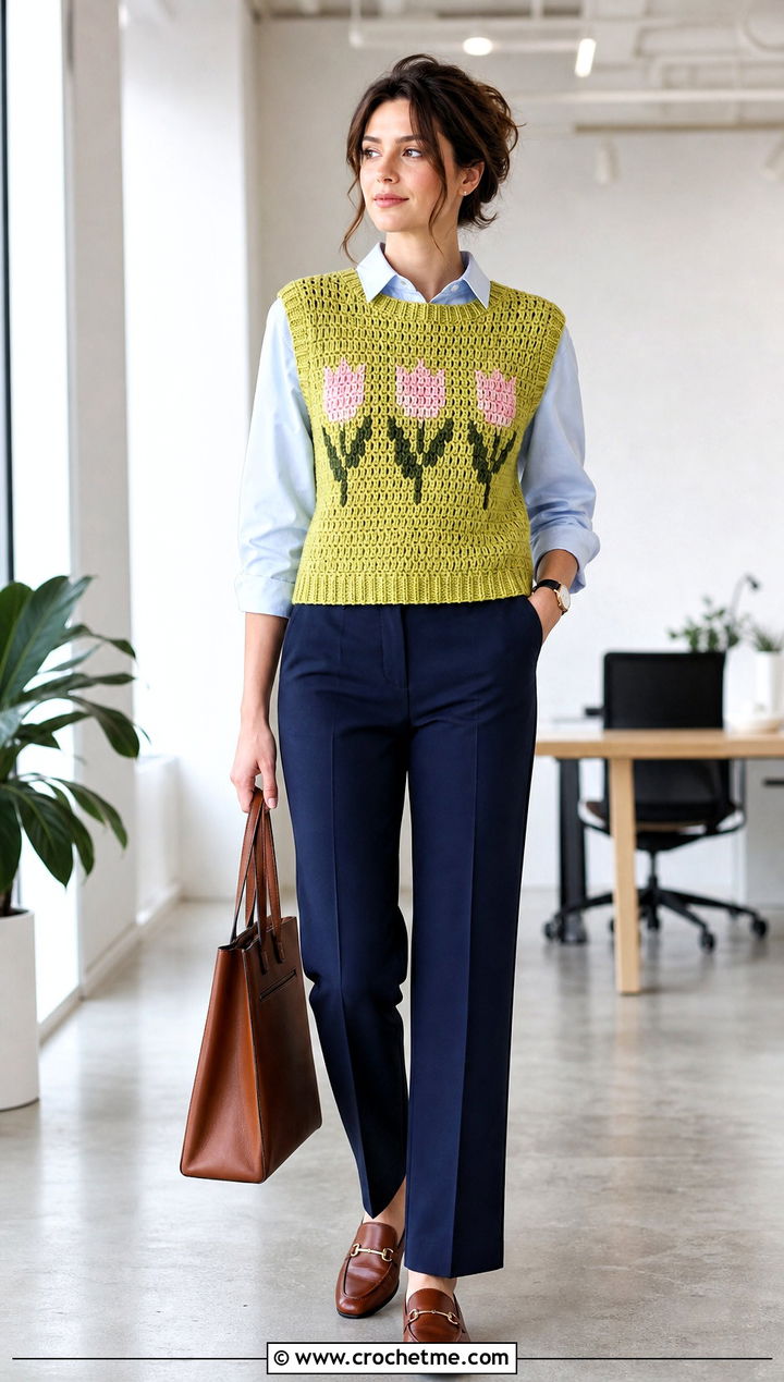 Tulip Crochet Sweater Vest With Button Down Shirt - 25 Tulip Crochet Sweater outfit ideas