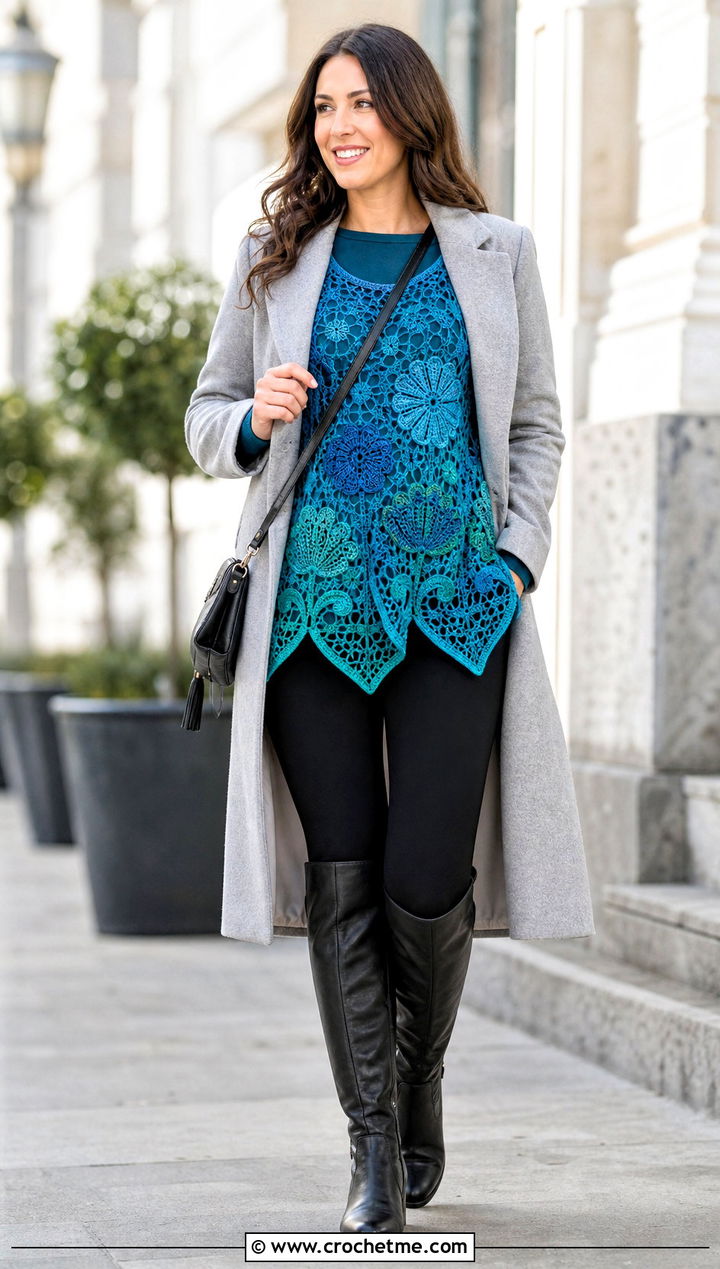 Tulip Crochet Tunic Top With Leggings And Boots - 30 crochet tulip top outfit ideas