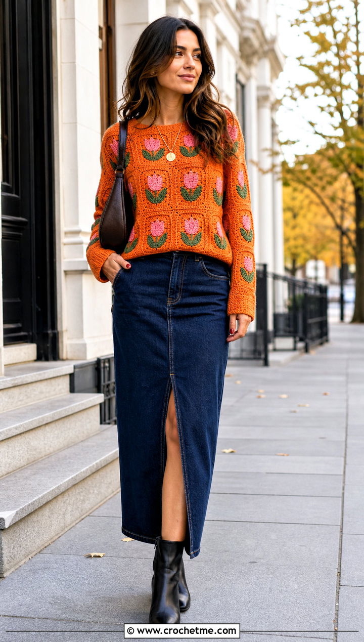 Tulip Granny Square Crochet Sweater With Denim Maxi Skirt - 35 crochet sweater with flowers outfit ideas