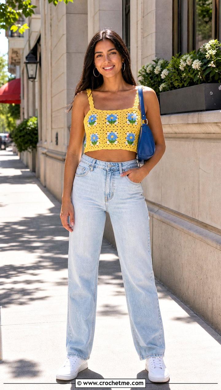 Tulip Granny Square Crop Top With Straight Leg Jeans - 30 crochet tulip top outfit ideas