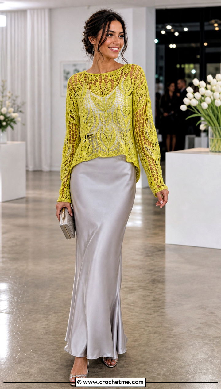 Tulip Mesh Sweater With Satin Maxi Skirt - 30 flower crochet sweater outfit ideas