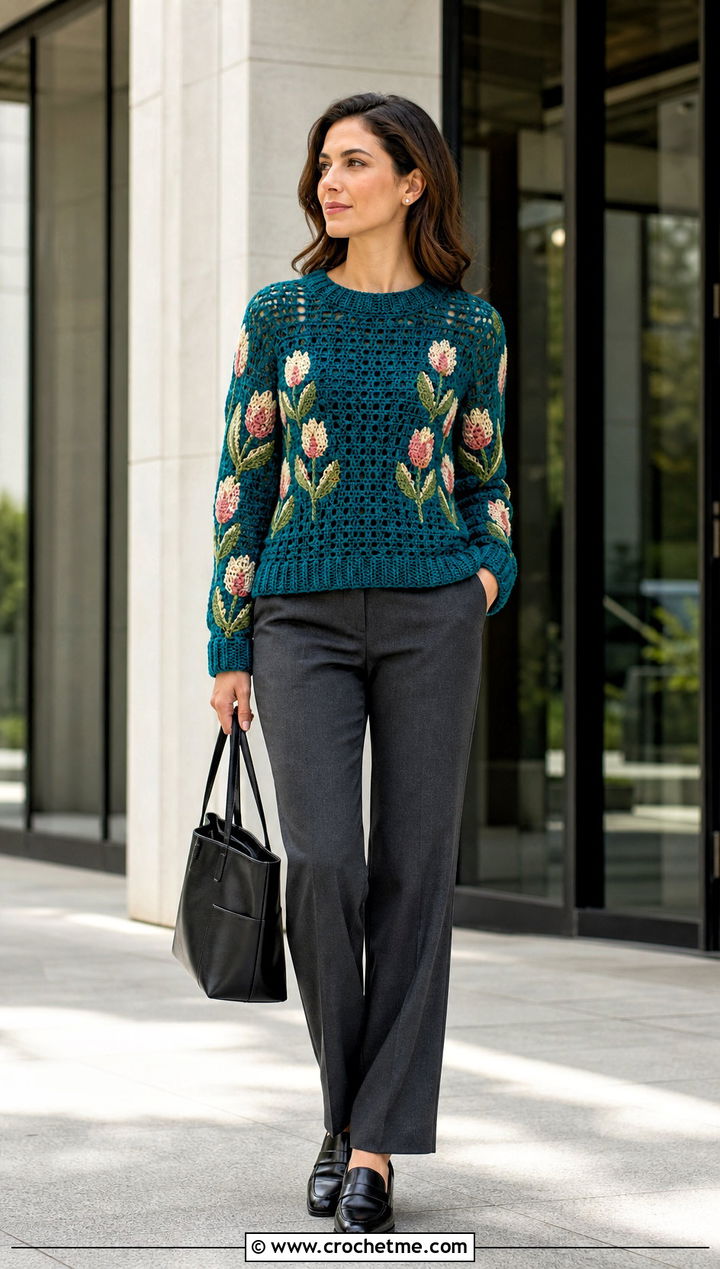 Tulip Motif Crochet Sweater With Straight Leg Trousers - 25 Tulip Crochet Sweater outfit ideas