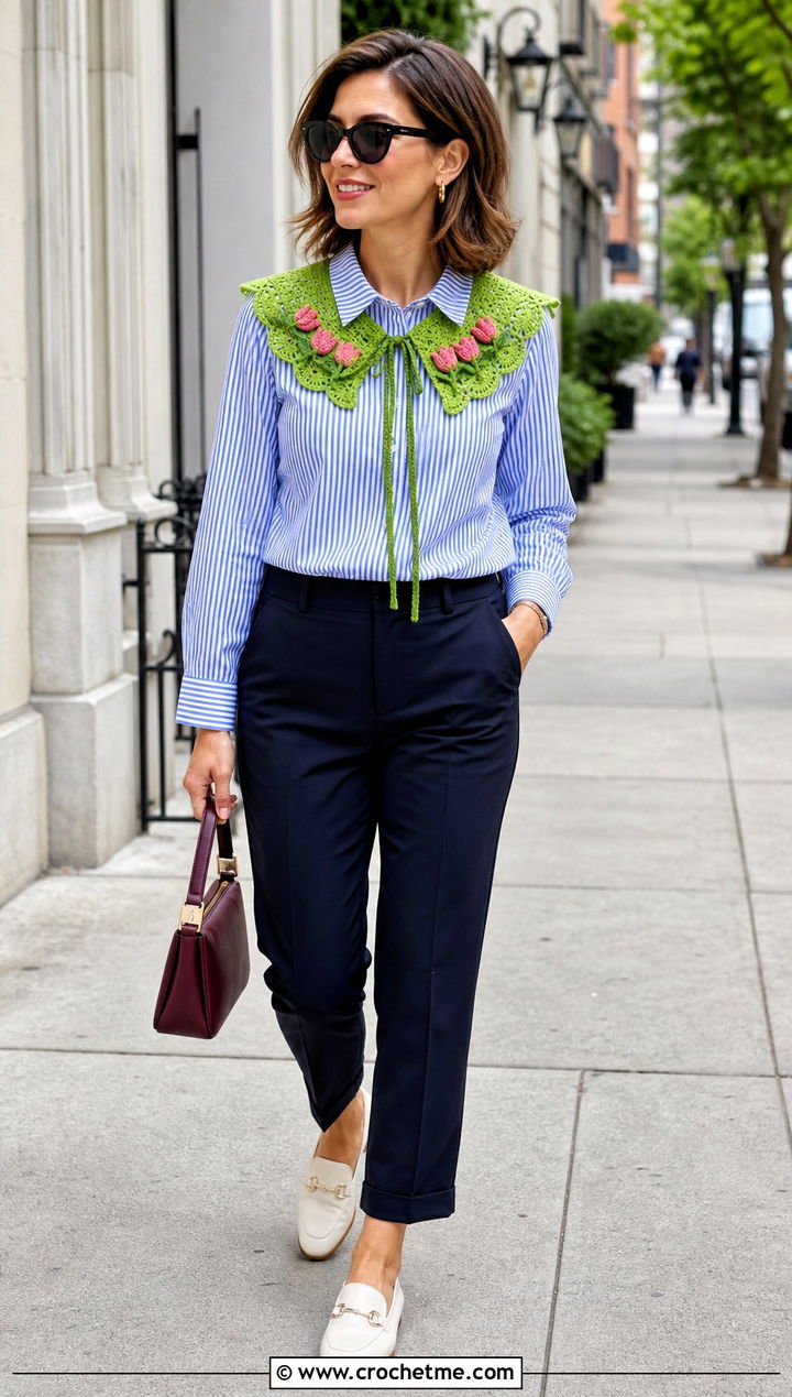 Tulip Motif Tie Collar With Striped Shirt - 15 handmade floral crochet collar outfit ideas
