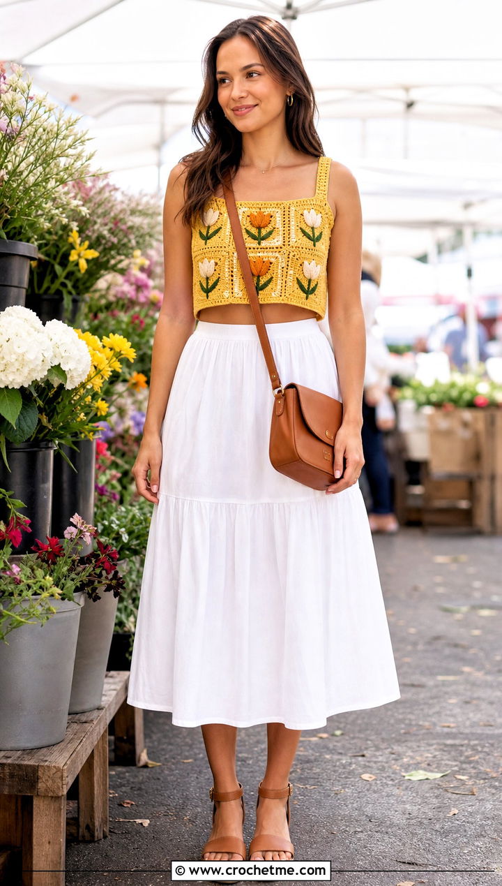 Tulip Square Crochet Crop Top With Cotton Midi Skirt - 25 boho crochet crop top outfit ideas