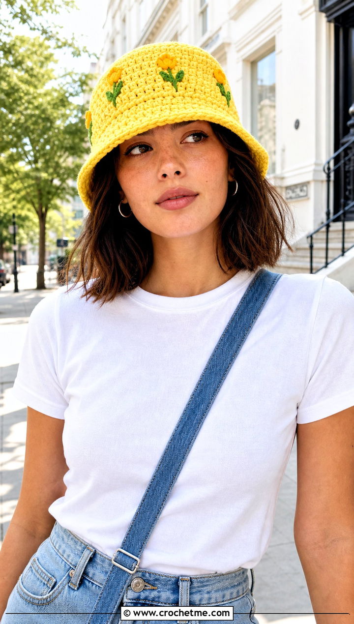 Tulip Stitch Bucket Hat With White Tee And Jeans - 30 crochet tulip hat outfit ideas