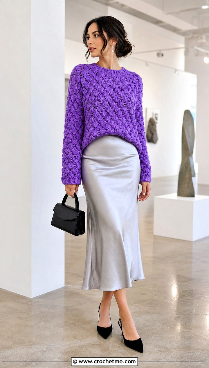 Tulip Stitch Crochet Sweater With Satin Midi Skirt - 25 Tulip Crochet Sweater outfit ideas
