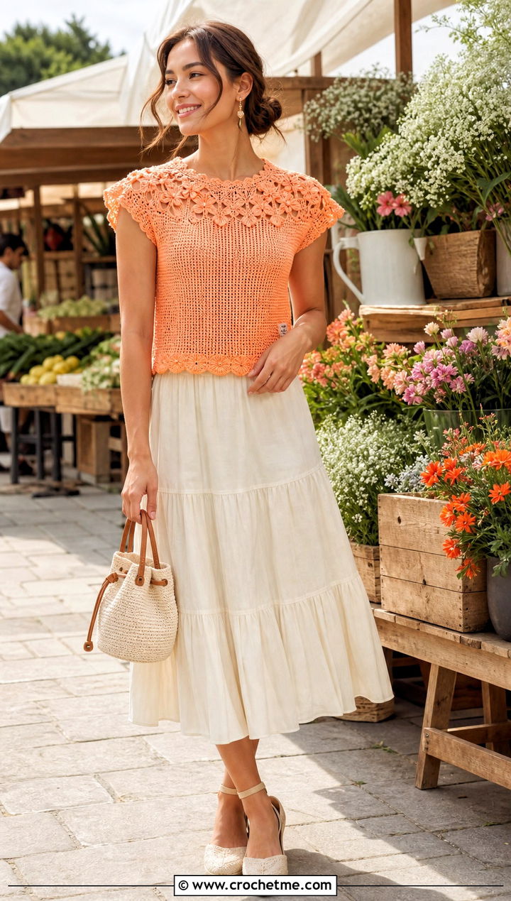 Tulip Yoke Crochet Top With Tiered Midi Skirt - 30 crochet tulip top outfit ideas
