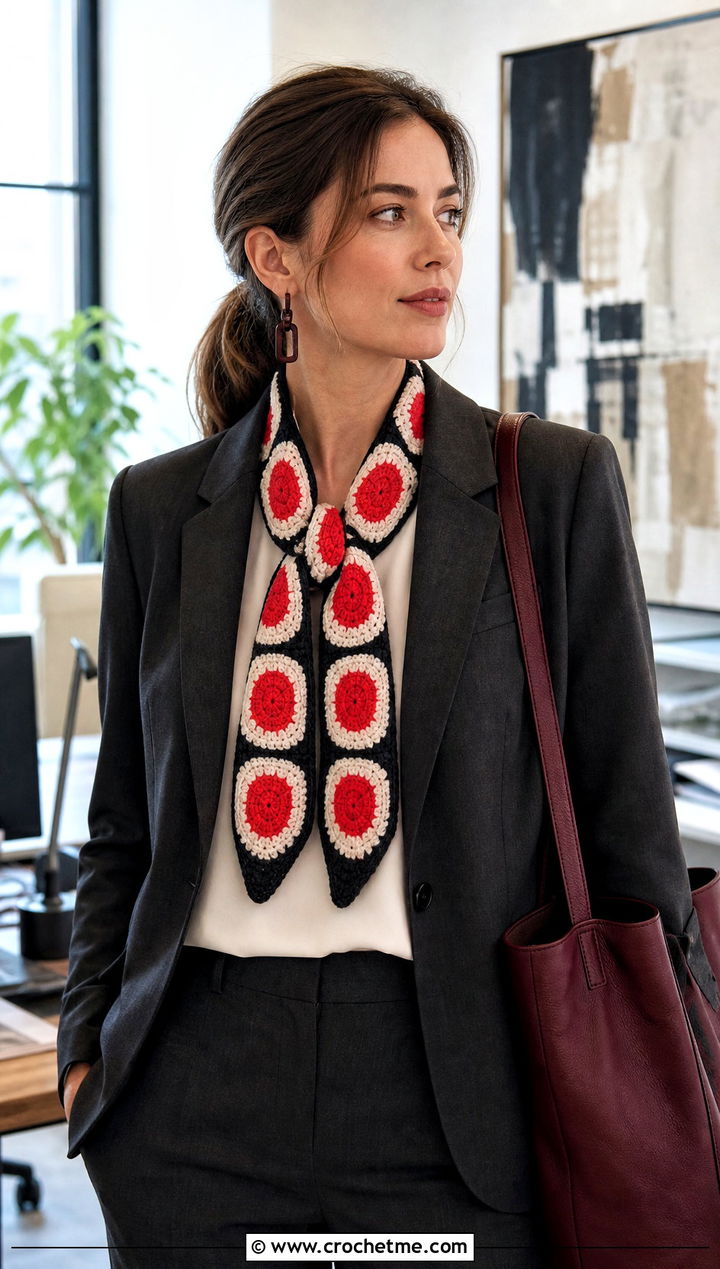 Tuna Roll Crochet Sushi Scarf With Trouser Suit - 30 crochet sushi scarf outfit ideas