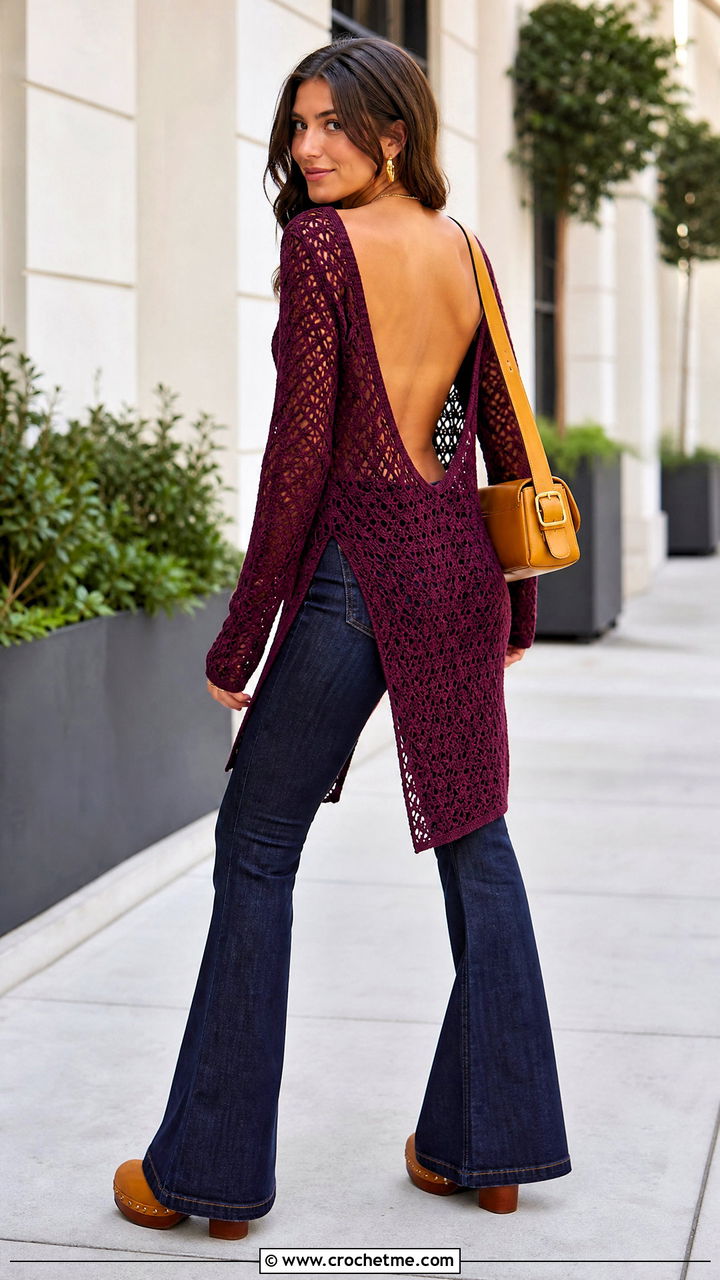 Tunic Backless Crochet Top With Flared Jeans - 35 backless crochet top outfit ideas
