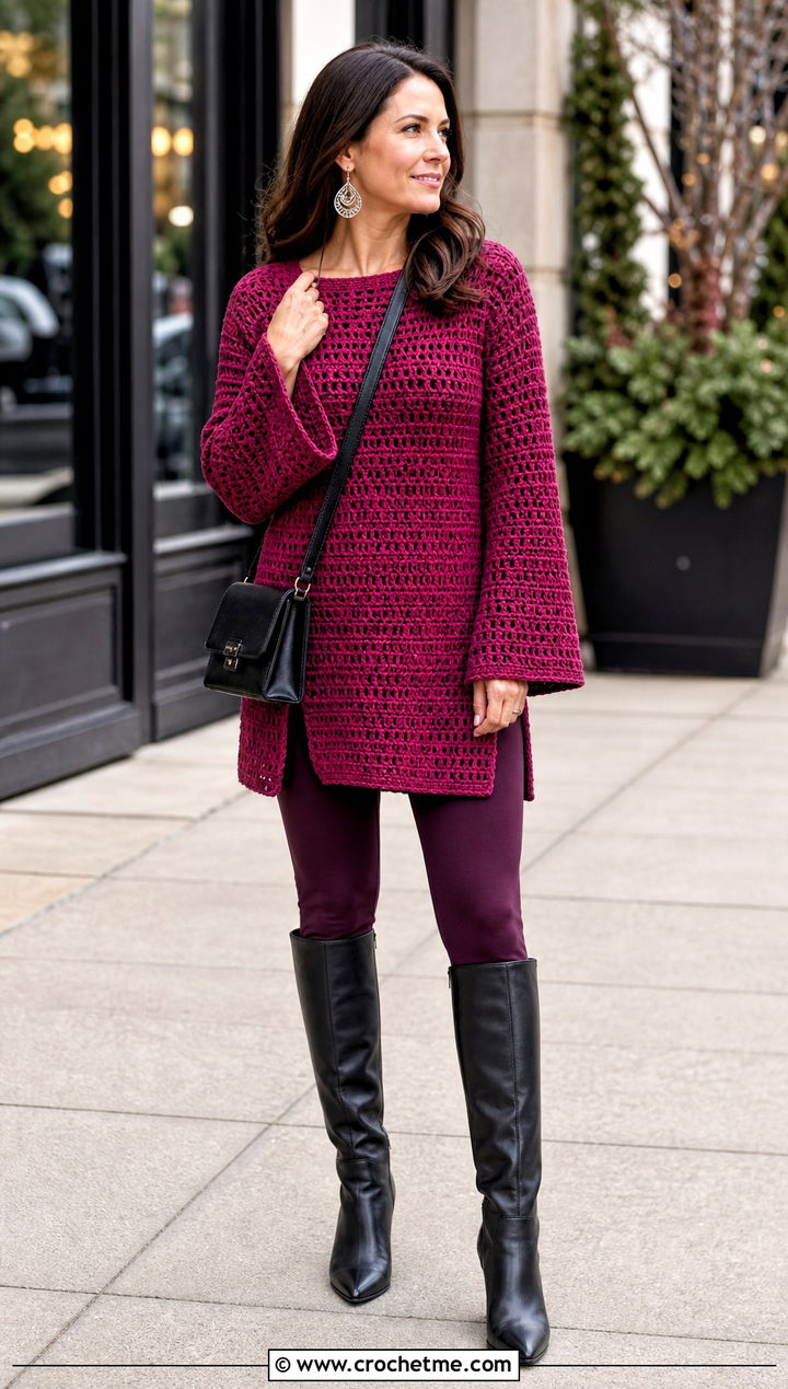 Tunic Bell Sleeve Crochet Sweater With Knee High Boots - 25 bell sleeve crochet sweater outfit ideas