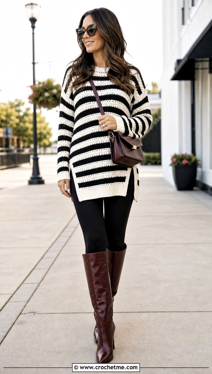 Tunic Black And White Striped Crochet Sweater With Leggings - 25 black and white striped crochet sweater outfit ideas