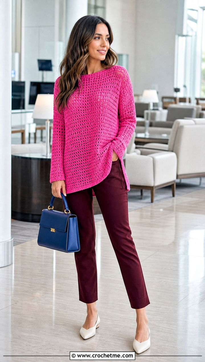 Tunic Boat Neck Crochet Sweater With Straight Leg Pants - 15 boat neck crochet sweater outfit ideas