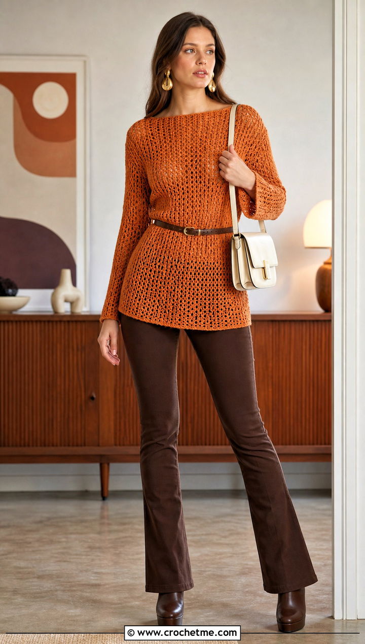Tunic Boatneck Crochet Sweater With Slim Flare Pants - 25 Boatneck Crochet Sweater outfit ideas