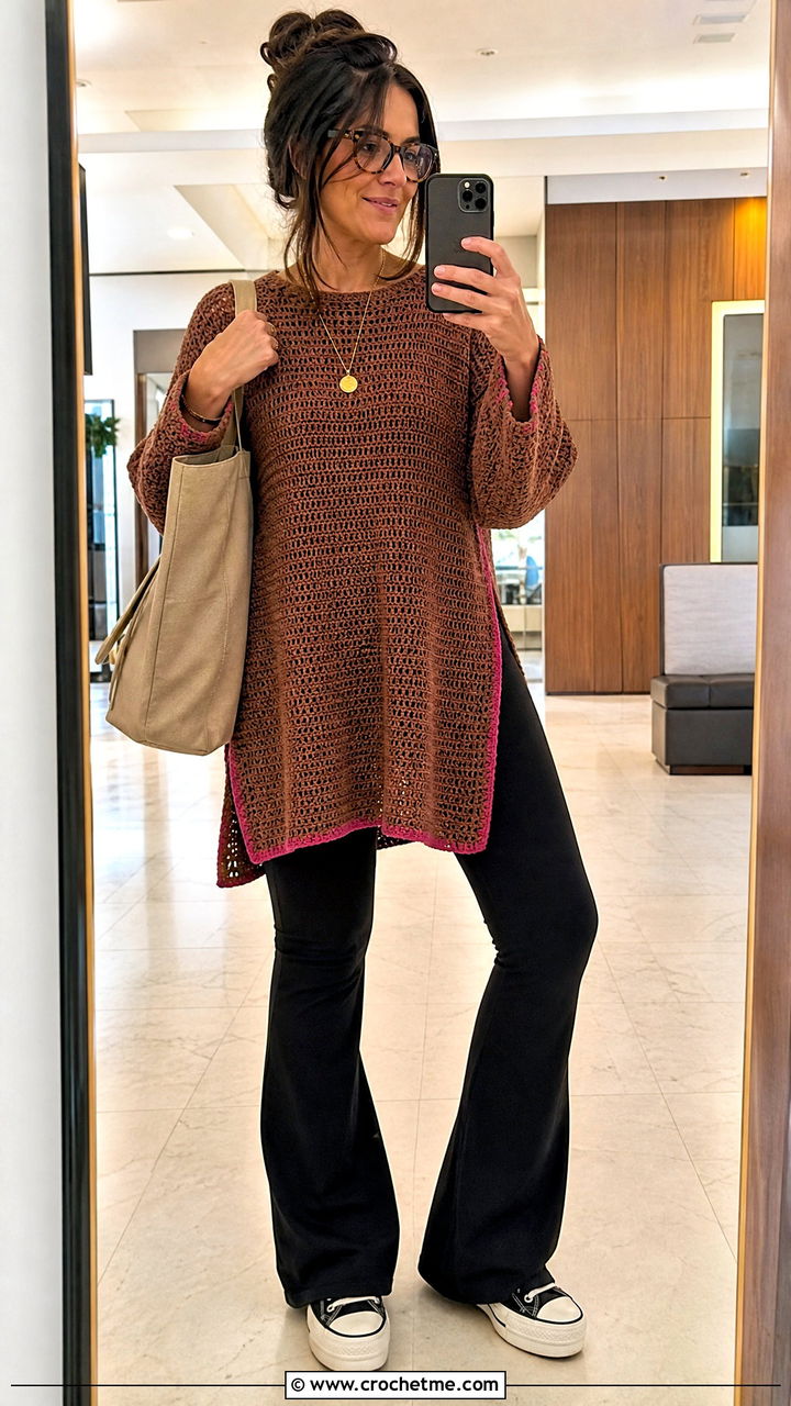 Tunic Brown Crochet Sweater With Flared Leggings - 35 crochet brown sweater outfit ideas