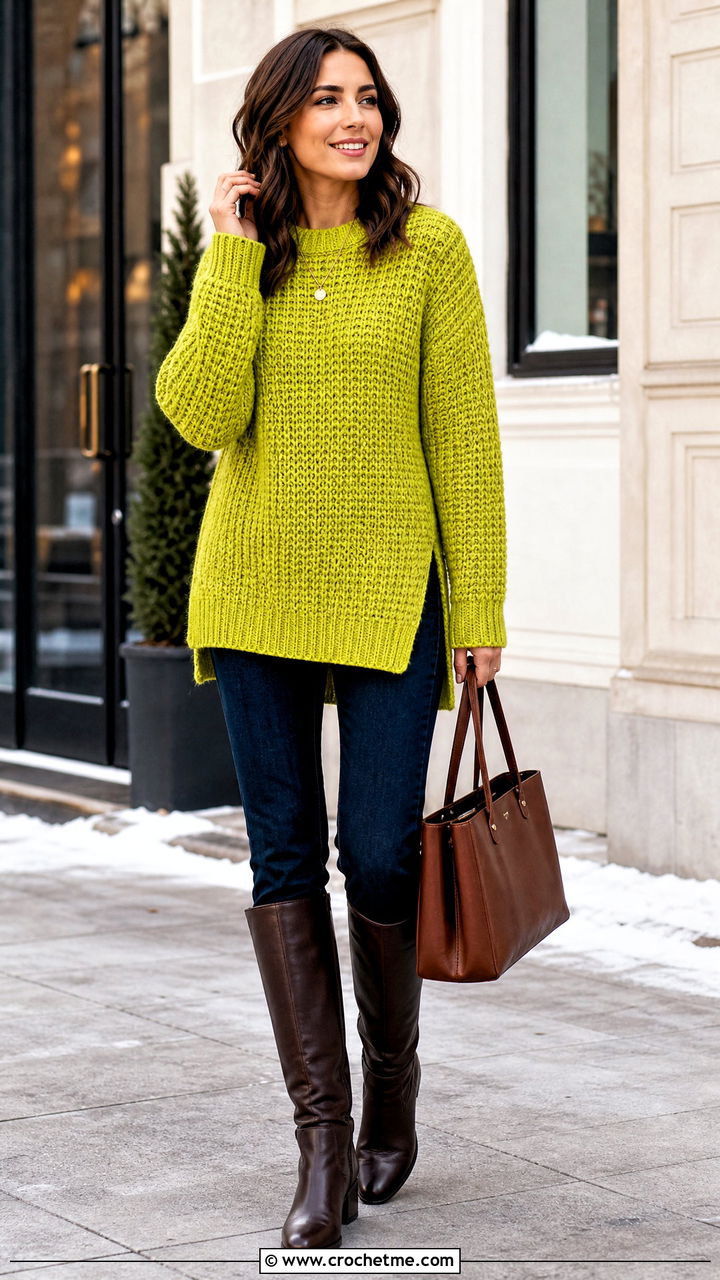 Tunic Chunky Crochet Sweater With Slim Jeans - 35 chunky crochet sweater outfit ideas